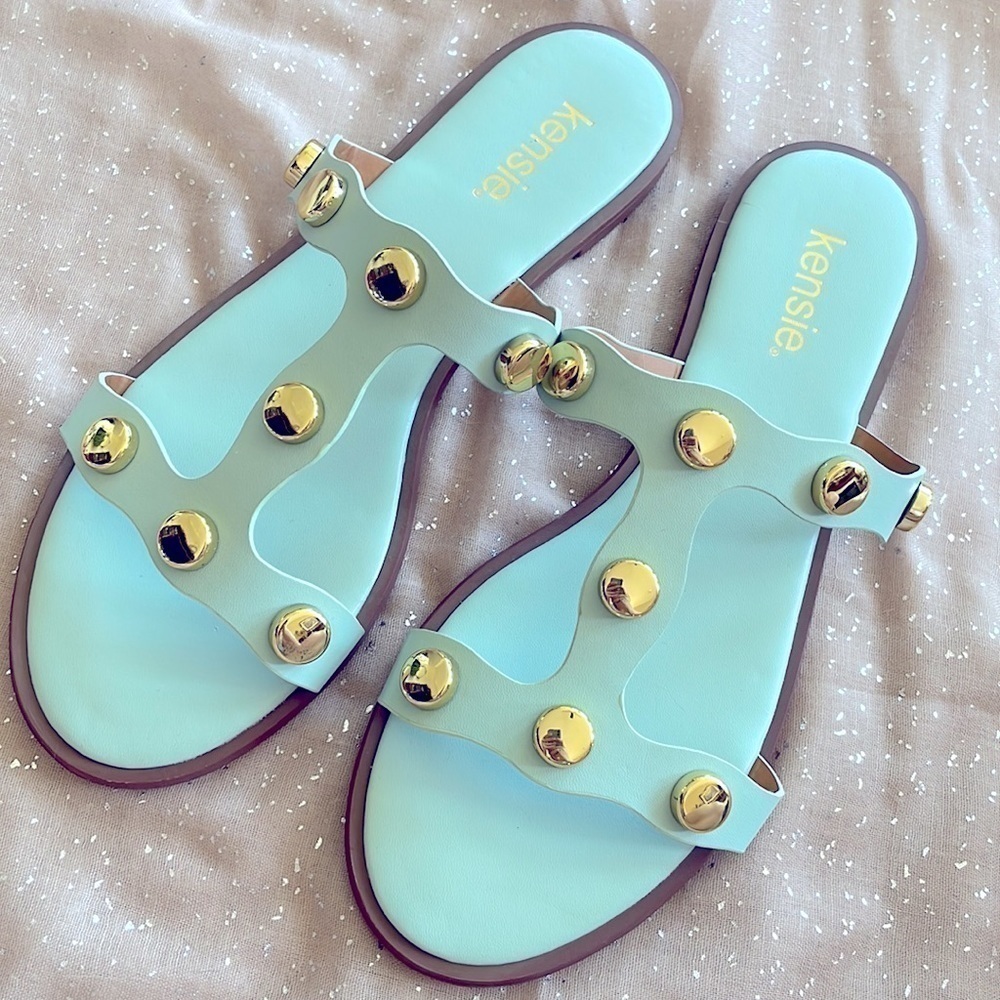 Brand New Kensie Seafoam Mint Green Gold Tone Studded Slides Sandals - Picture 4 of 15
